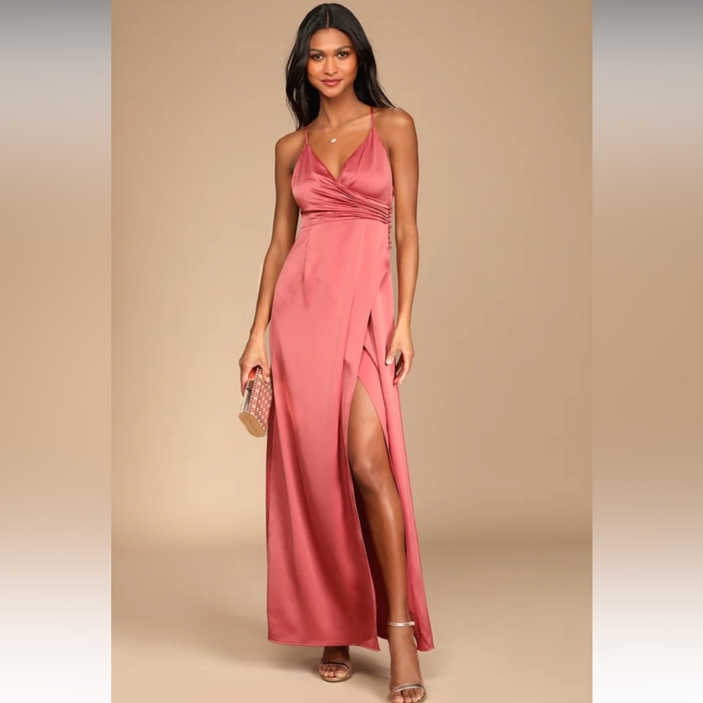 Lulus Outstanding Elegance Deep Rose Satin Surplice Maxi Dress - XL - NWT